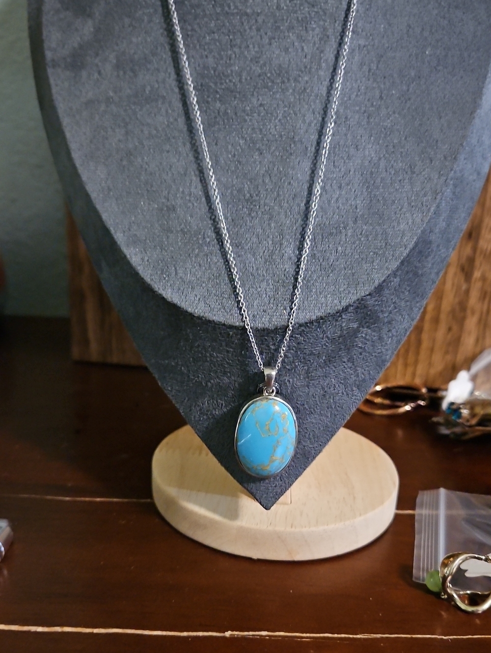 Oval Turquoise Pendant Necklace in Blue with Silver Chain